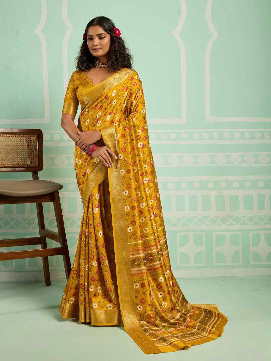Yellow Printed Handwoven Traditional Bridal Reception Festival Wedding Fancy Classic Style Sarees