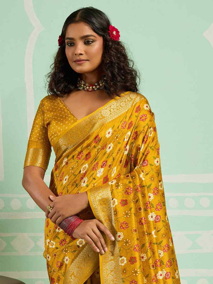 Yellow Printed Handwoven Traditional Bridal Reception Festival Wedding Fancy Classic Style Sarees