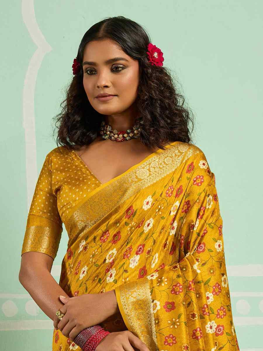 Yellow Printed Handwoven Traditional Bridal Reception Festival Wedding Fancy Classic Style Sarees
