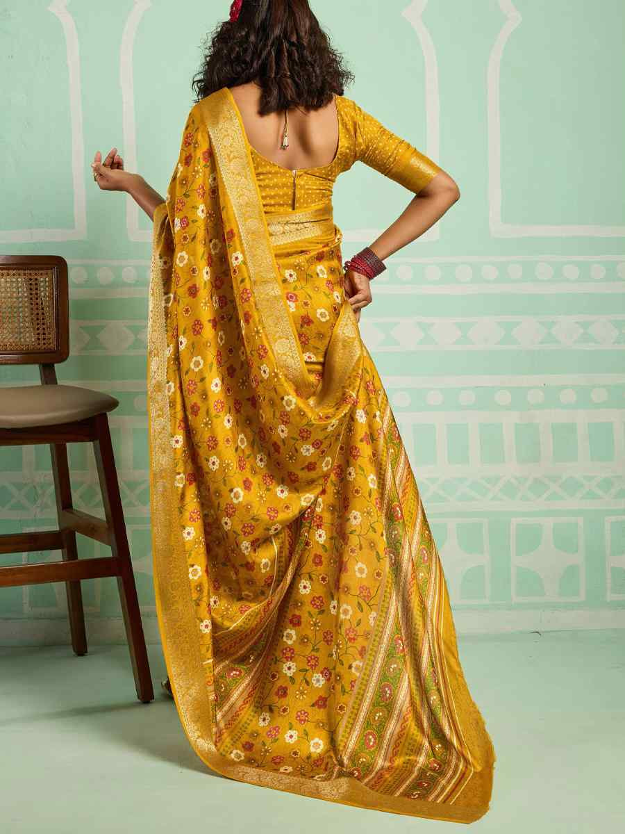 Yellow Printed Handwoven Traditional Bridal Reception Festival Wedding Fancy Classic Style Sarees