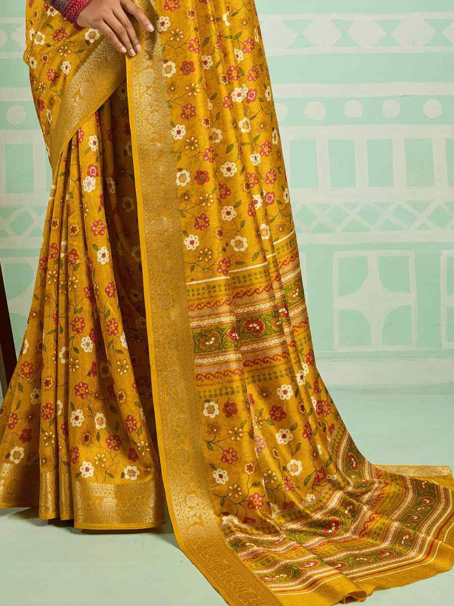 Yellow Printed Handwoven Traditional Bridal Reception Festival Wedding Fancy Classic Style Sarees