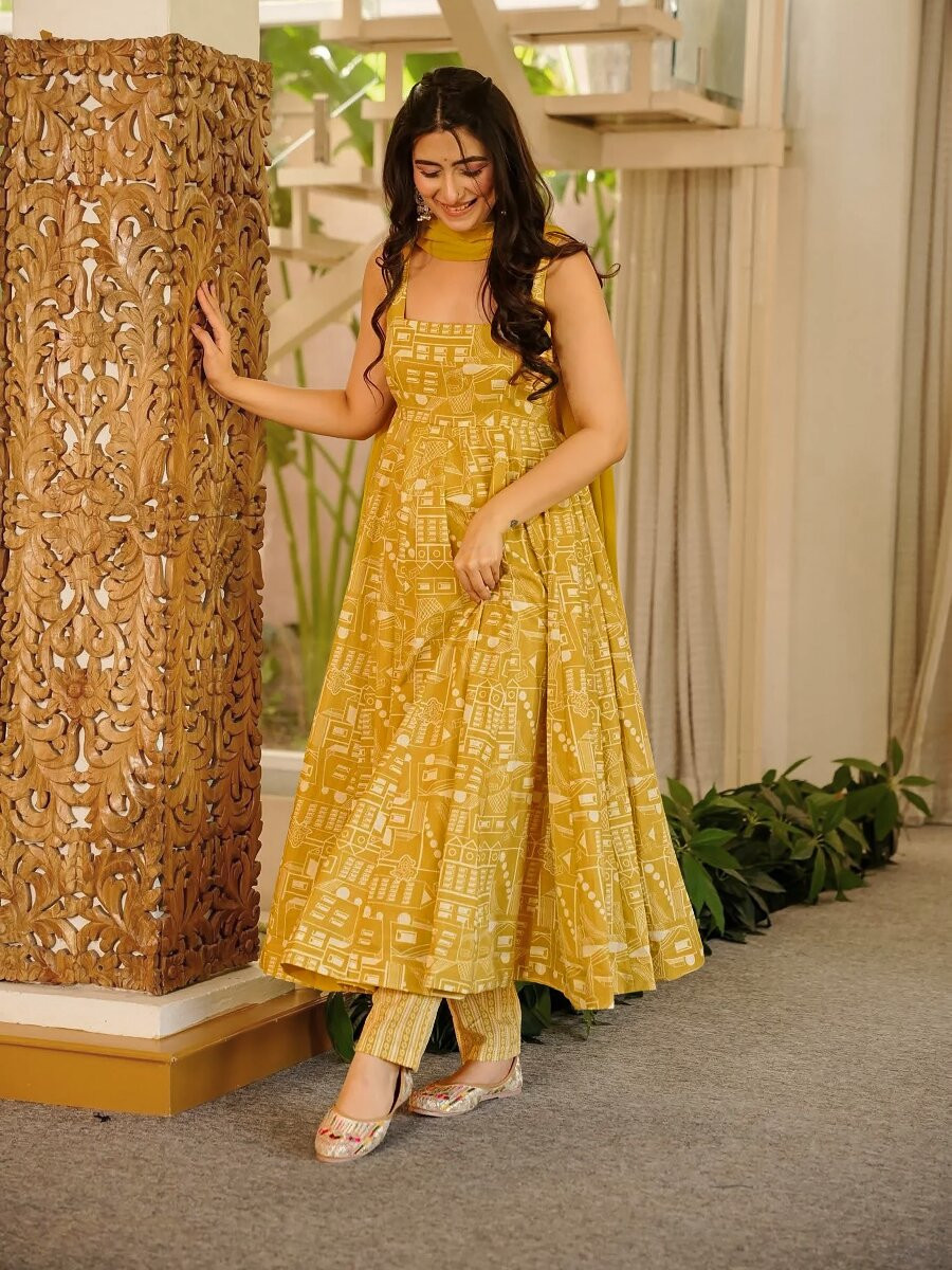 Yellow Printed Wedding Party Festival Casual Ready Anarkali Pant Salwar Kameez