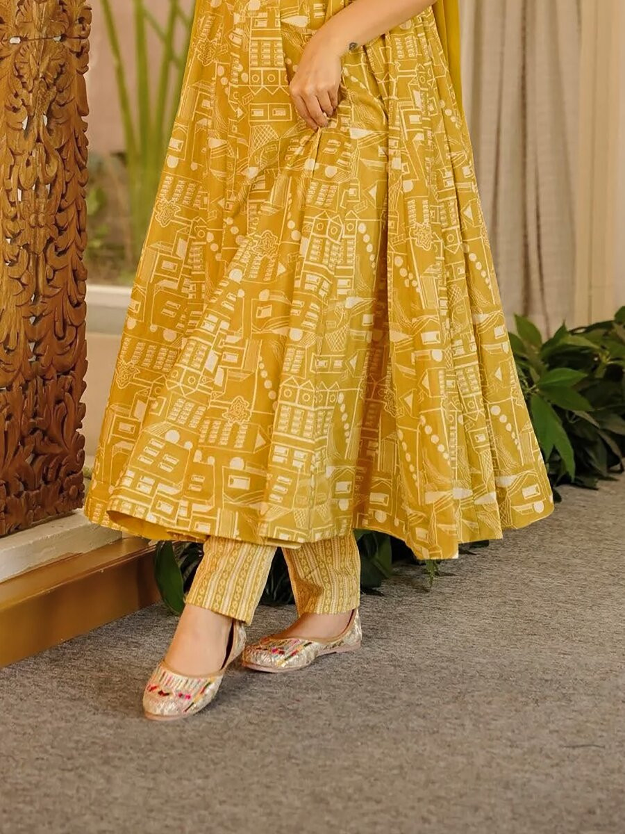 Yellow Printed Wedding Party Festival Casual Ready Anarkali Pant Salwar Kameez