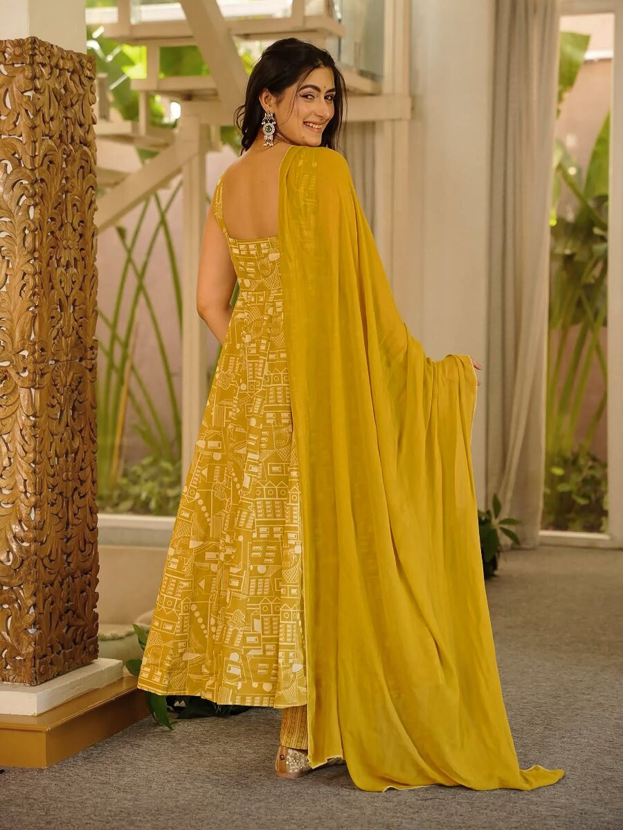 Yellow Printed Wedding Party Festival Casual Ready Anarkali Pant Salwar Kameez