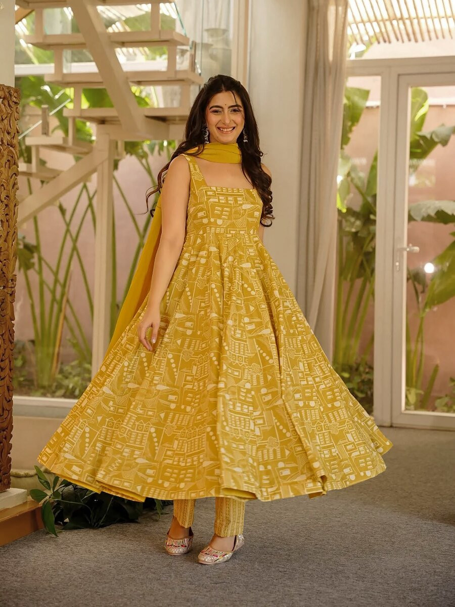 Yellow Printed Wedding Party Festival Casual Ready Anarkali Pant Salwar Kameez
