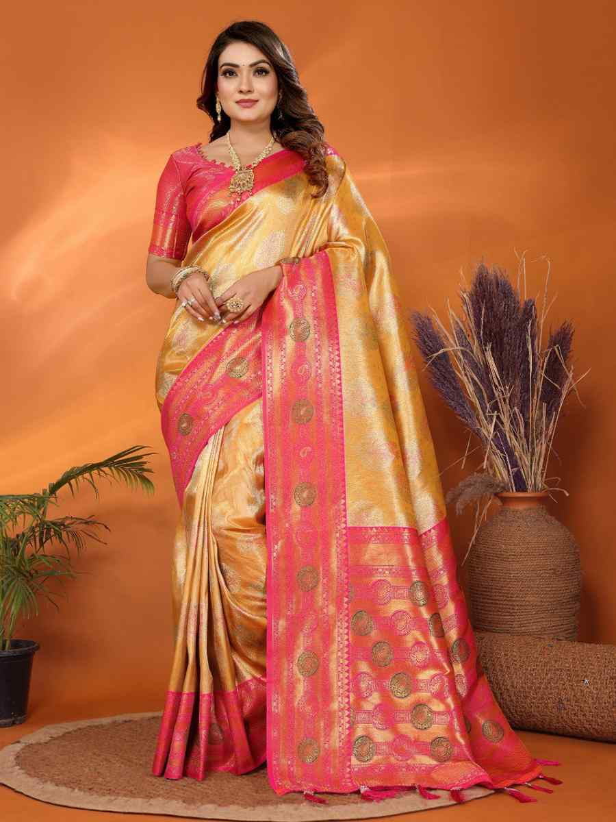 Yellow Pure Banarasi Tissue Silk Handwoven Festival Wedding Fancy Heavy Border Saree