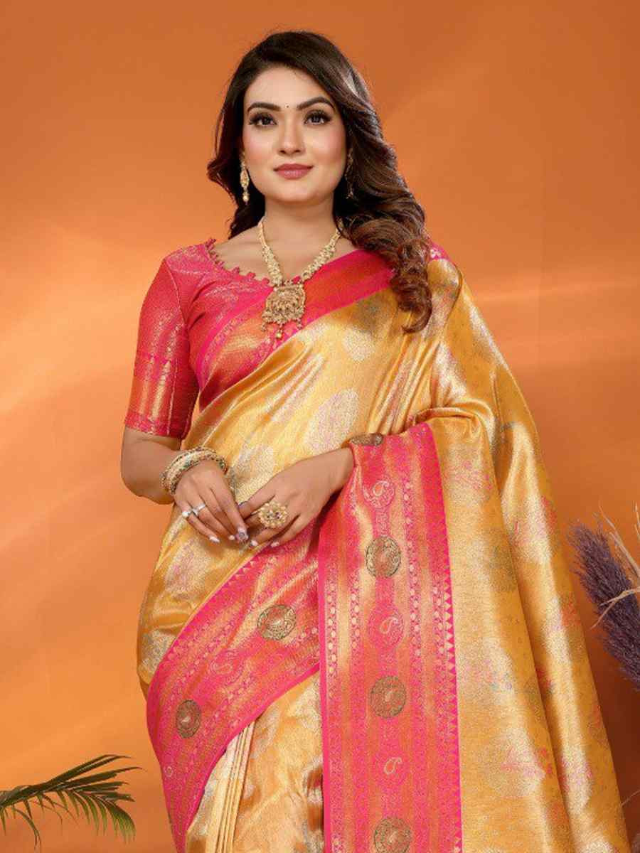 Yellow Pure Banarasi Tissue Silk Handwoven Festival Wedding Fancy Heavy Border Saree