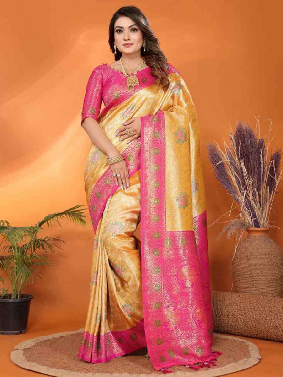 Yellow Pure Banarasi Tissue Silk Handwoven Festival Wedding Fancy Heavy Border Saree