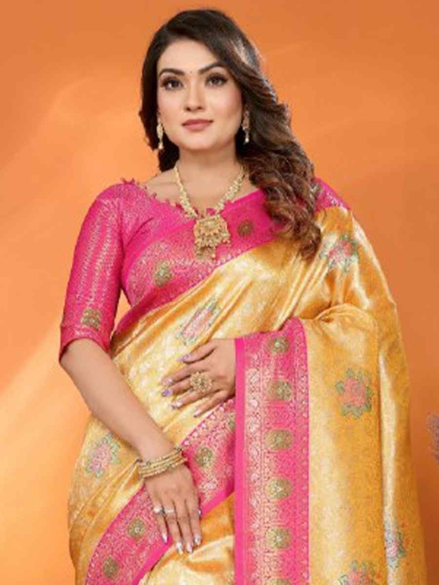 Yellow Pure Banarasi Tissue Silk Handwoven Festival Wedding Fancy Heavy Border Saree