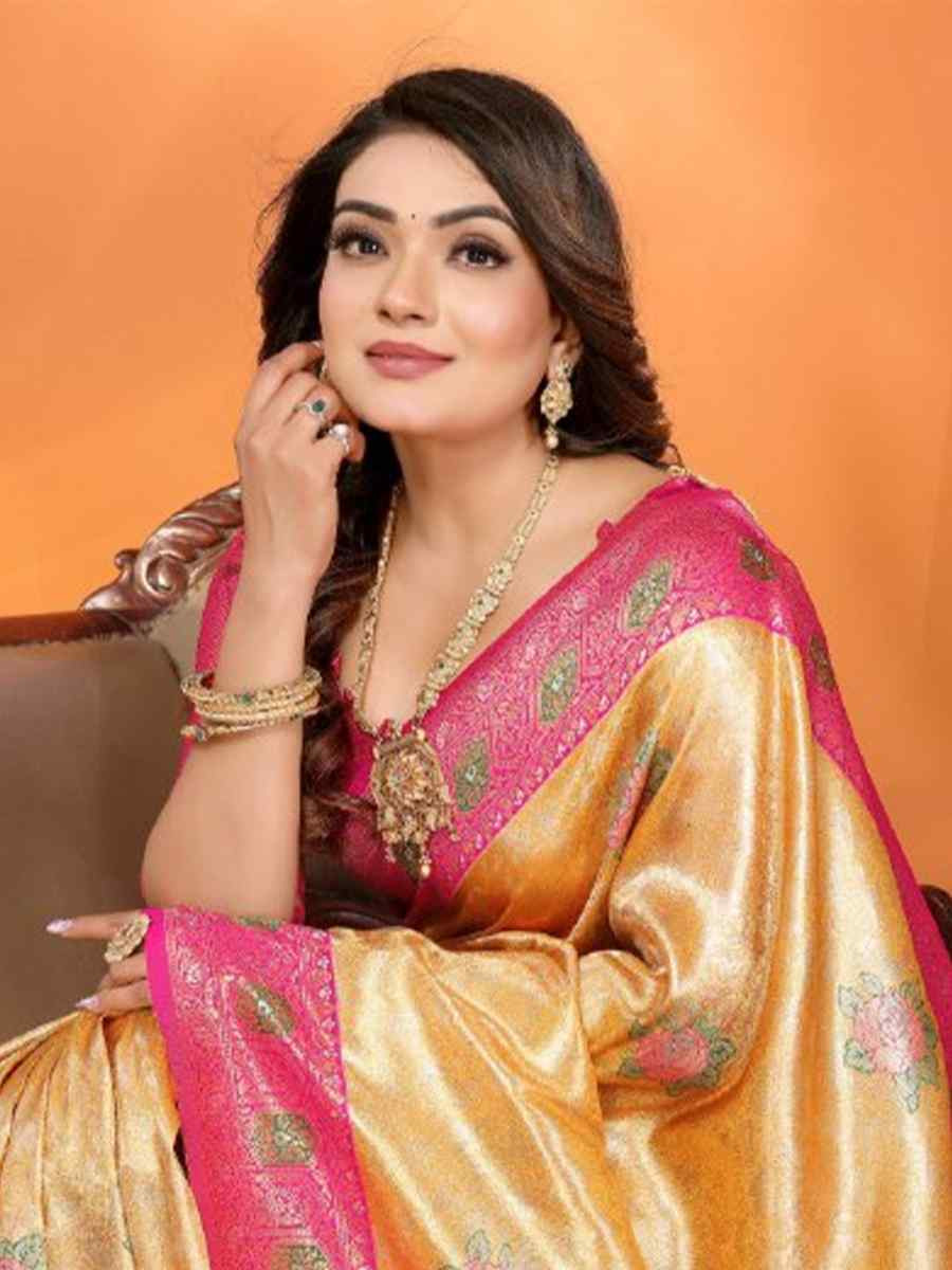 Yellow Pure Banarasi Tissue Silk Handwoven Festival Wedding Fancy Heavy Border Saree