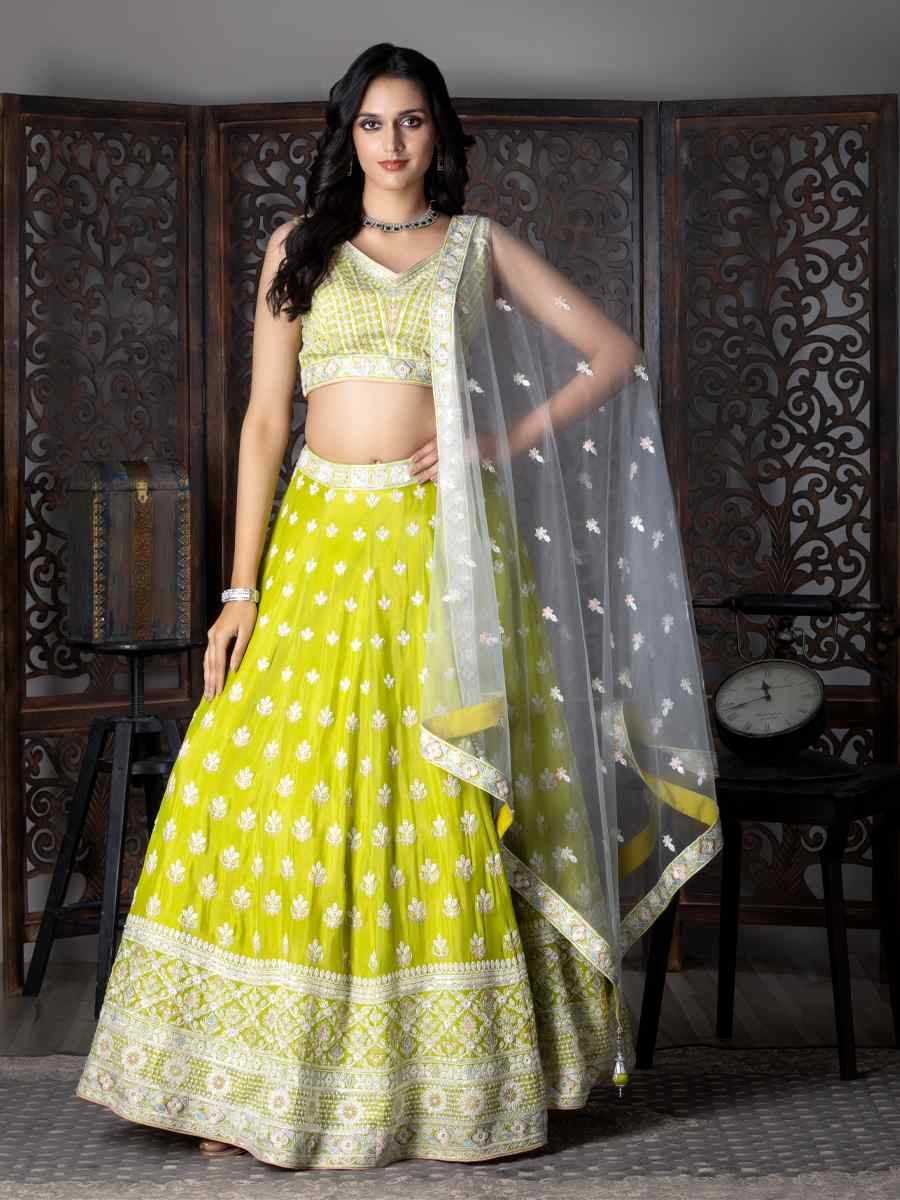 Yellow Pure Chinon Embroidered Festival Wedding Circular Lehenga Choli