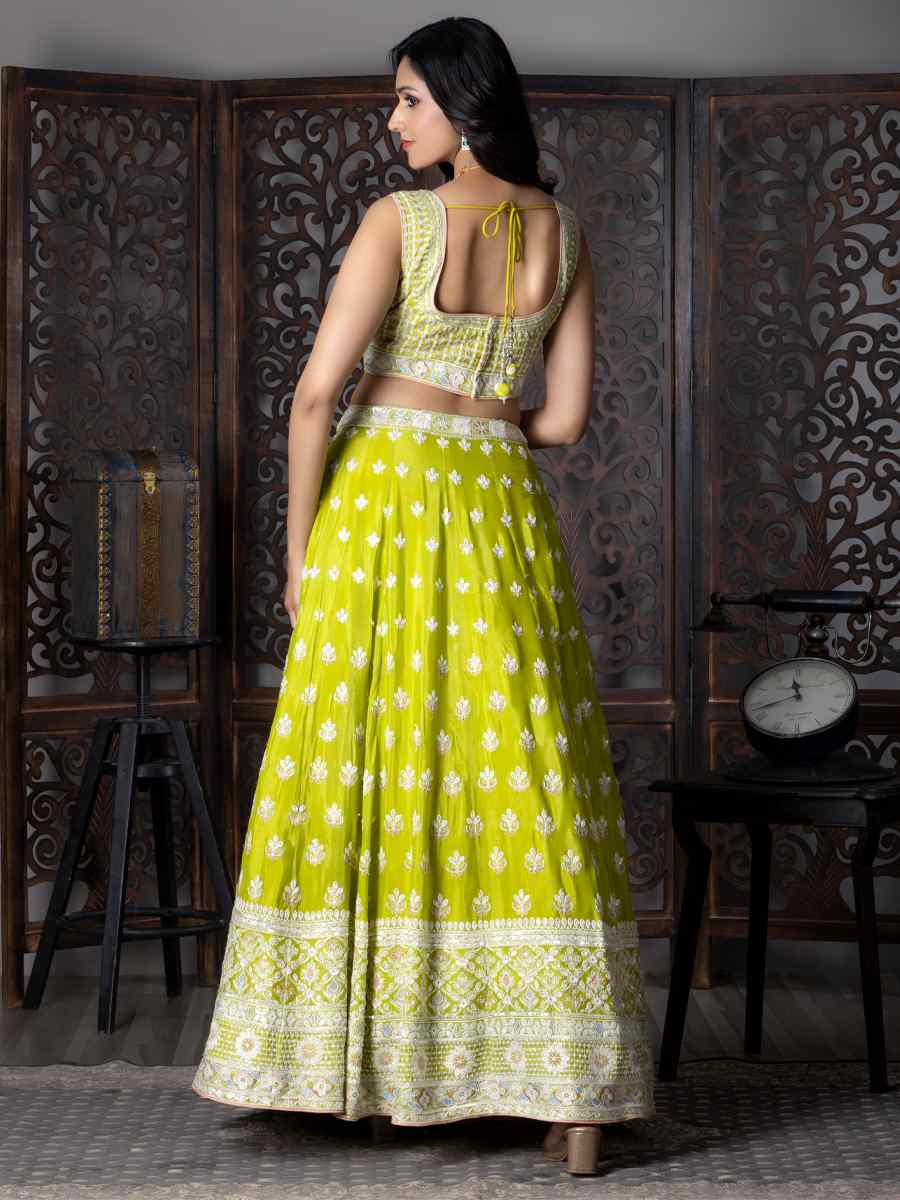 Yellow Pure Chinon Embroidered Festival Wedding Circular Lehenga Choli