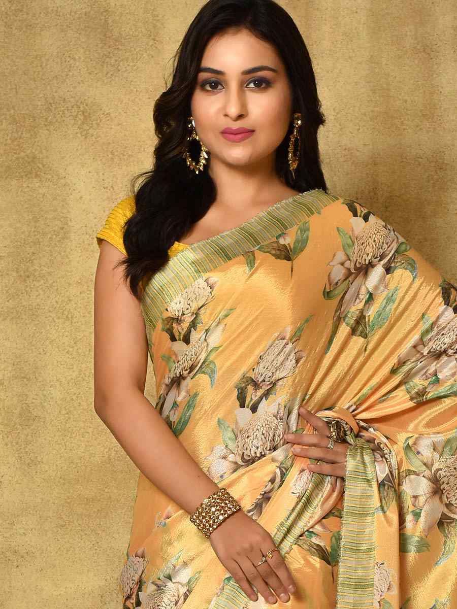 Yellow Pure Chinon Printed Party Festival Contemporary Saree