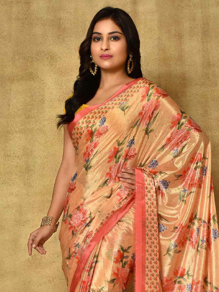 Yellow Pure Chinon Printed Party Festival Contemporary Saree