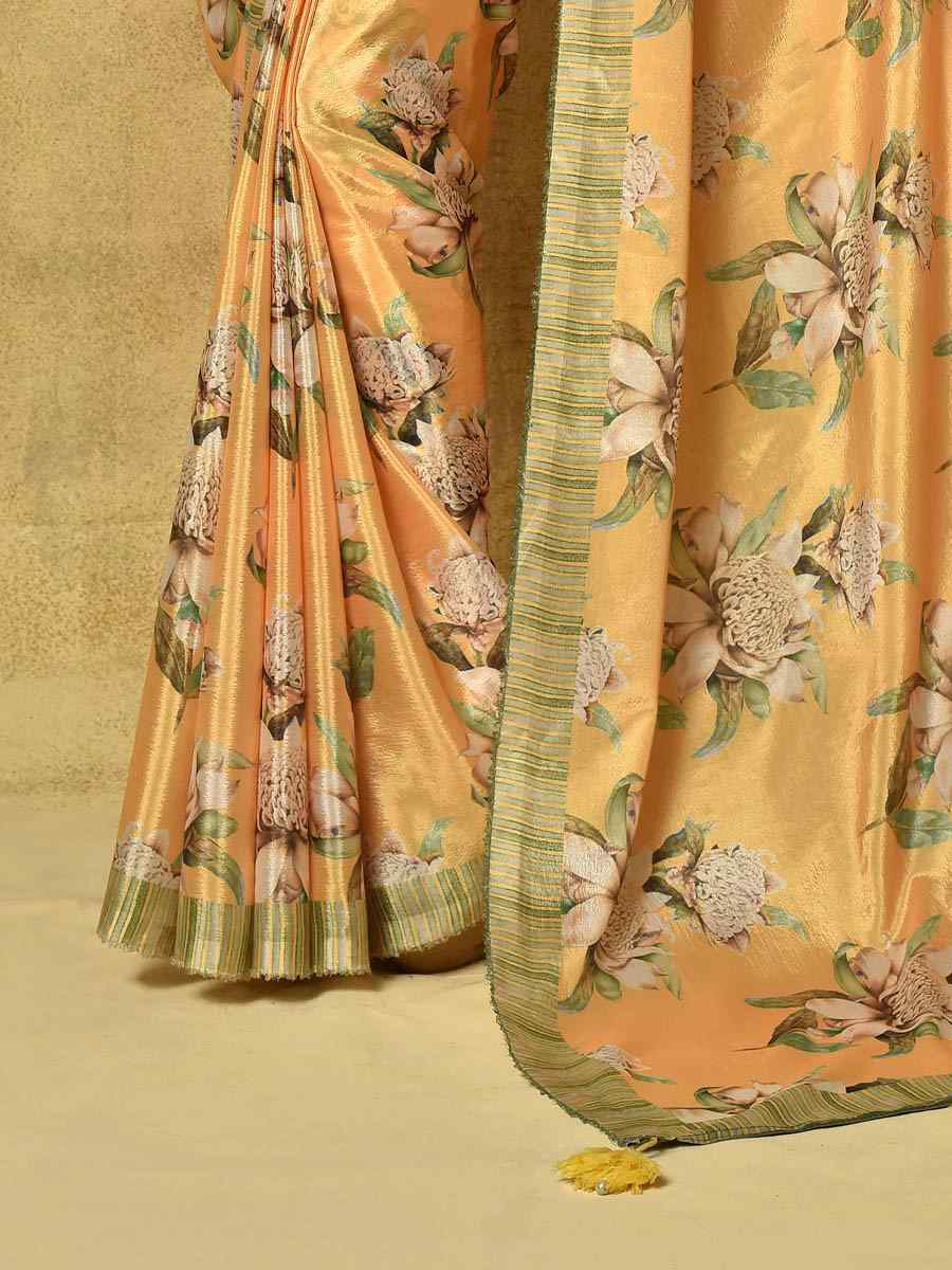 Yellow Pure Chinon Printed Party Festival Contemporary Saree