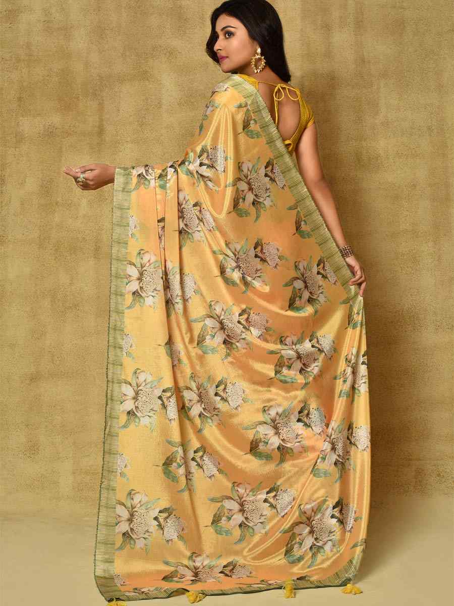 Yellow Pure Chinon Printed Party Festival Contemporary Saree