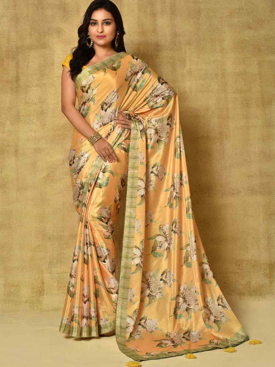 Yellow Pure Chinon Printed Party Festival Contemporary Saree