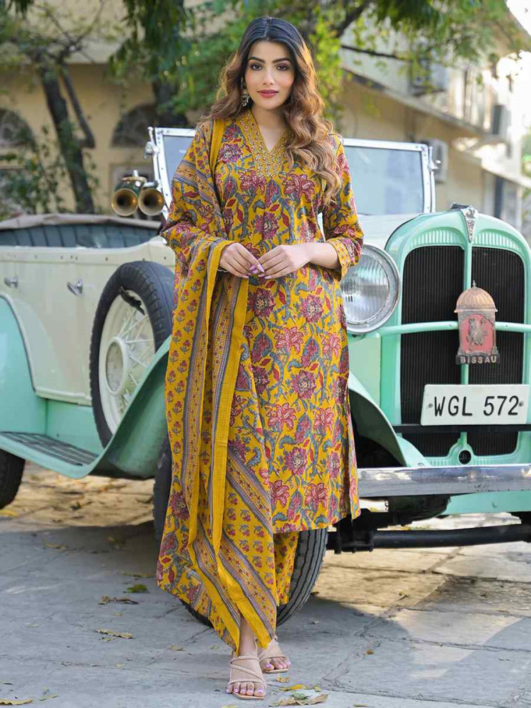Image of Yellow Pure Cotton Embroidery Party Wedding Festival Casual Ready Pant Salwar Kameez