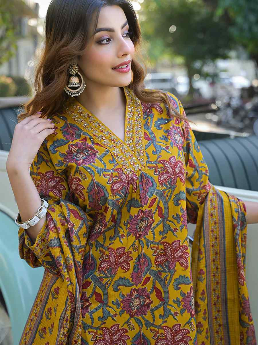 Yellow Pure Cotton Embroidery Party Wedding Festival Casual Ready Pant Salwar Kameez