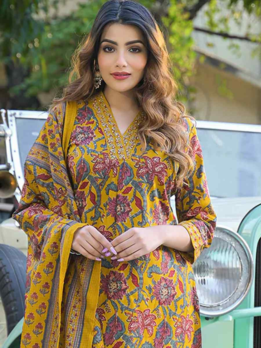 Yellow Pure Cotton Embroidery Party Wedding Festival Casual Ready Pant Salwar Kameez