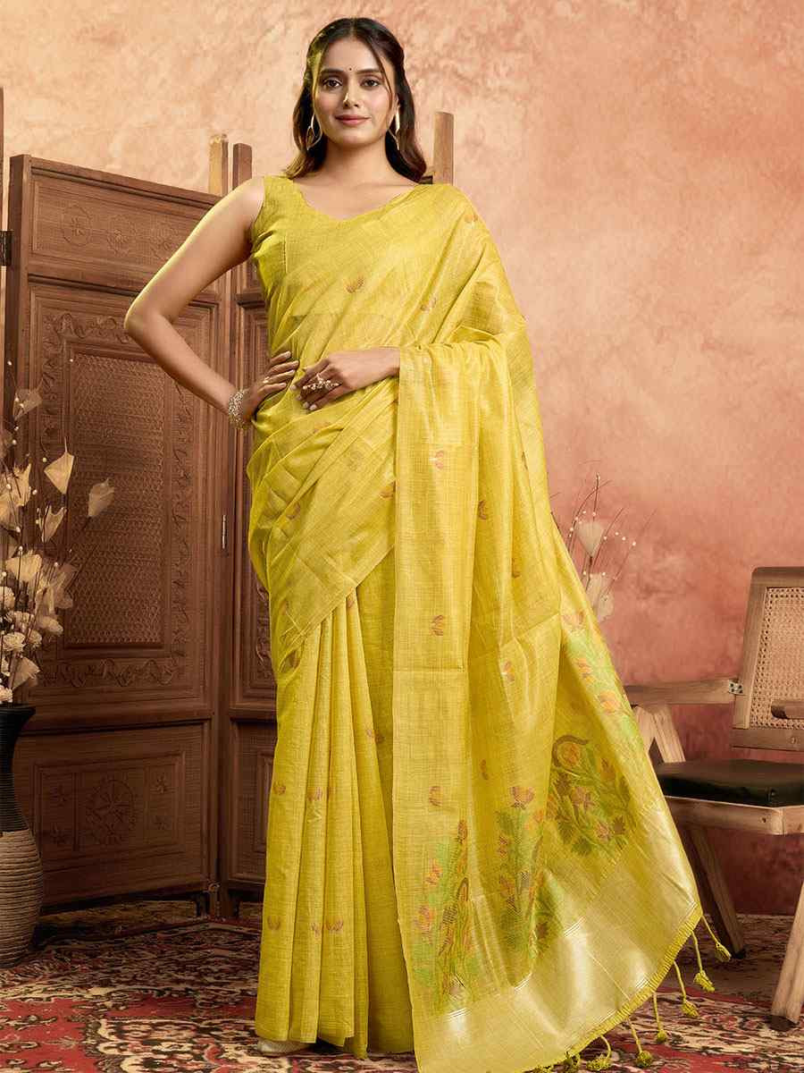 Yellow Pure Cotton Handwoven Festival Wedding Fancy Heavy Border Saree