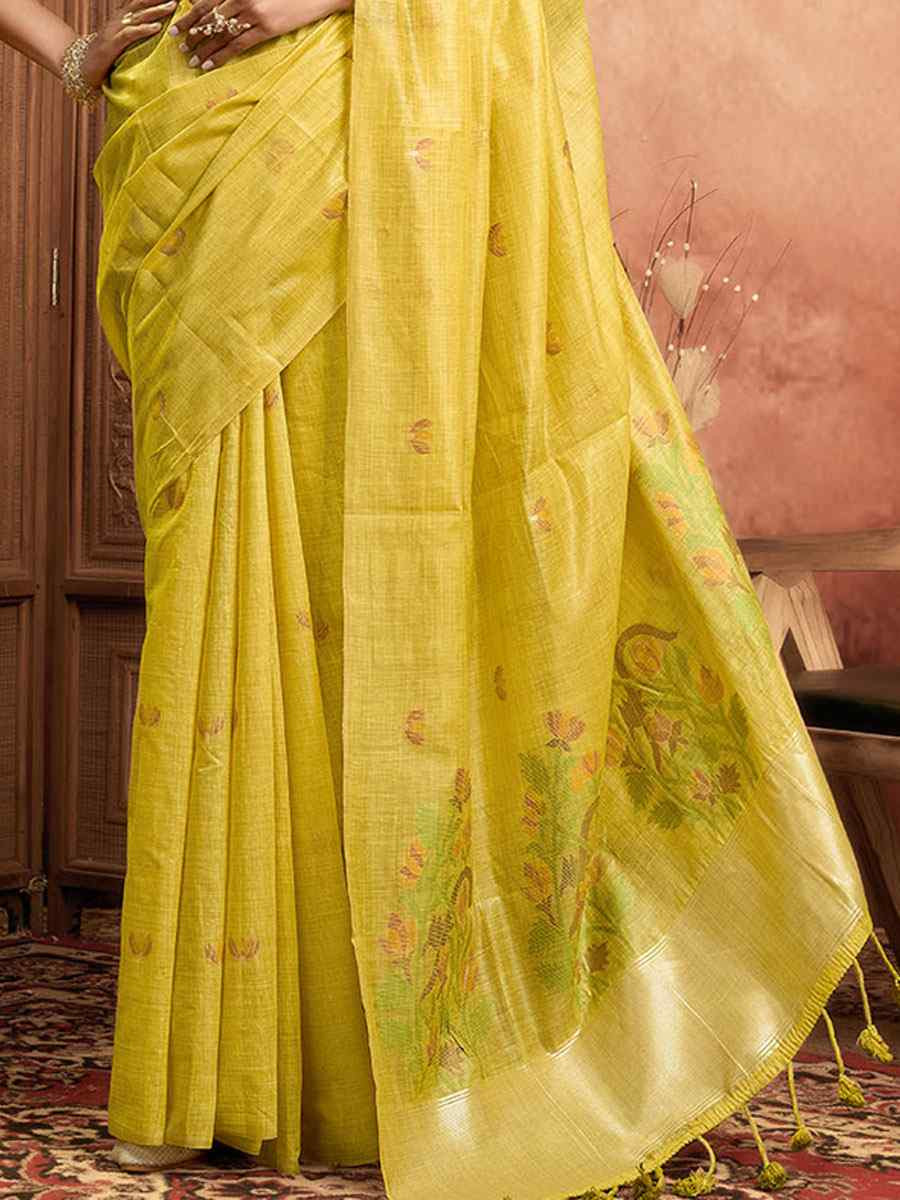 Yellow Pure Cotton Handwoven Festival Wedding Fancy Heavy Border Saree