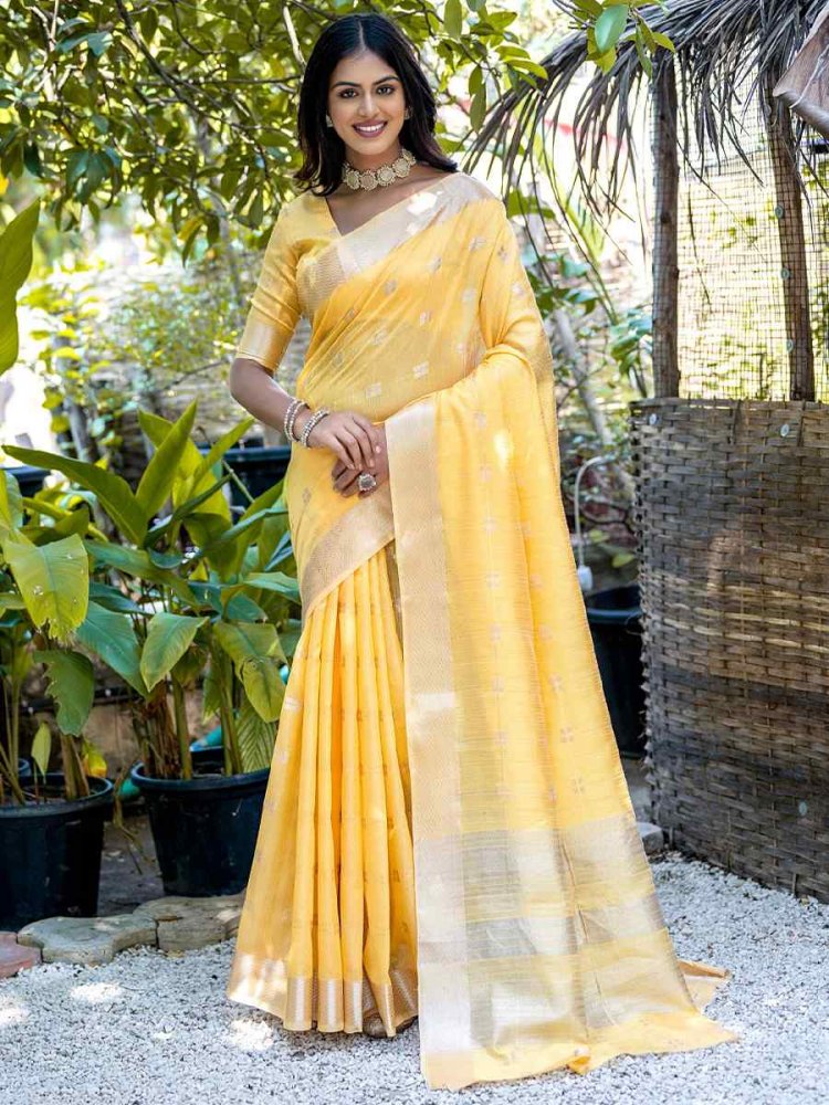 Yellow Pure Cotton Handwoven Wedding Festival Heavy Border Saree