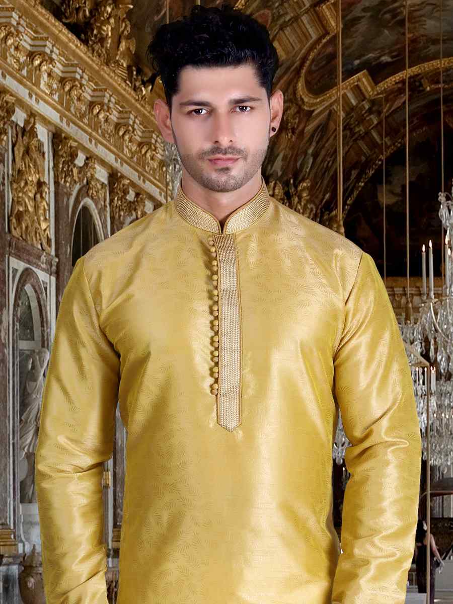 Yellow Pure Cotton Jacquard Woven Festival Kurta