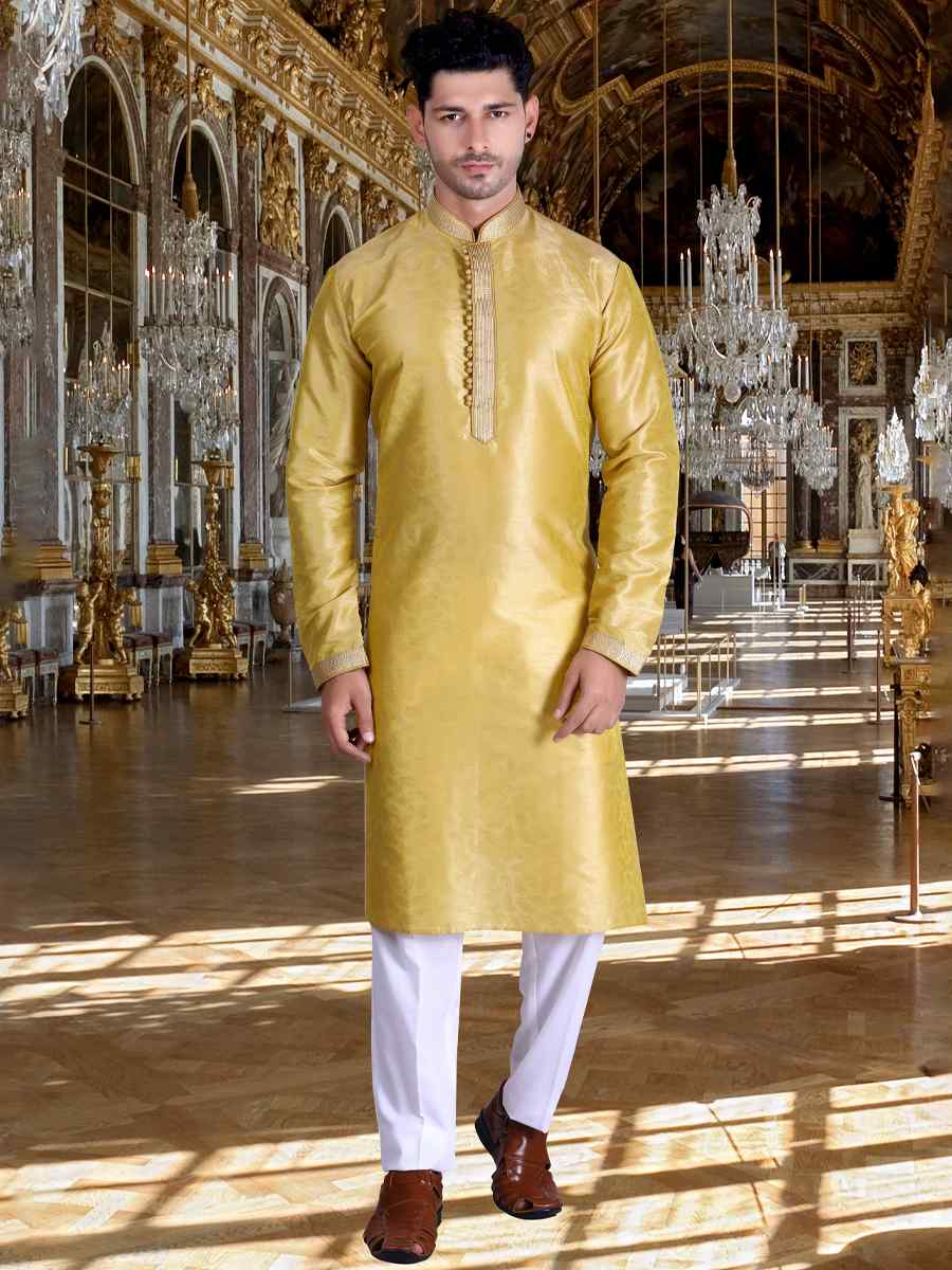 Yellow Pure Cotton Jacquard Woven Festival Kurta