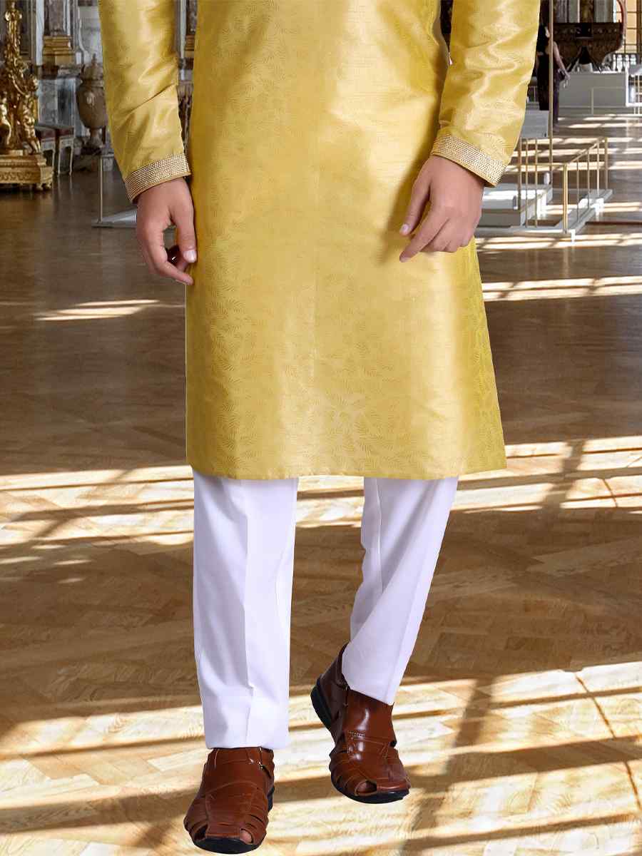 Yellow Pure Cotton Jacquard Woven Festival Kurta