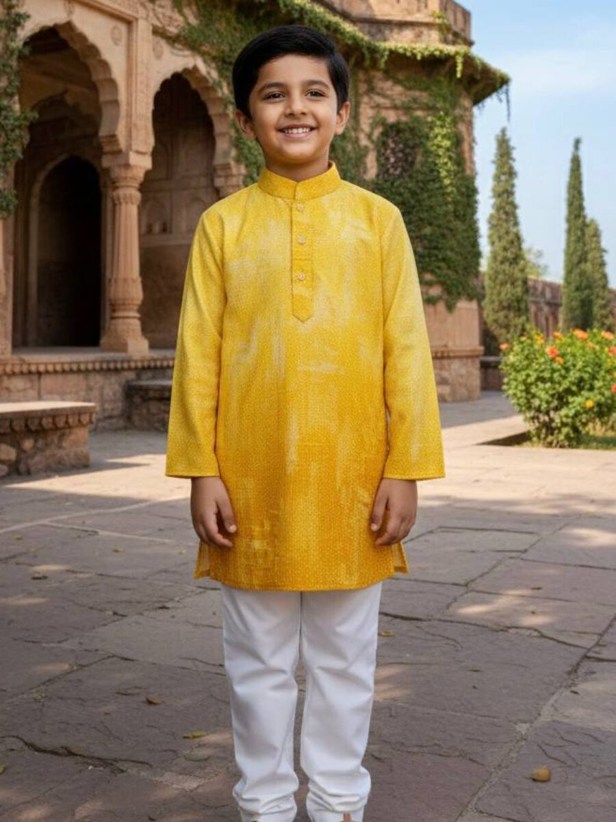 Yellow Pure Cotton Printed Ethnic Festival Party Casual Kurta Pyjama Boys Wear