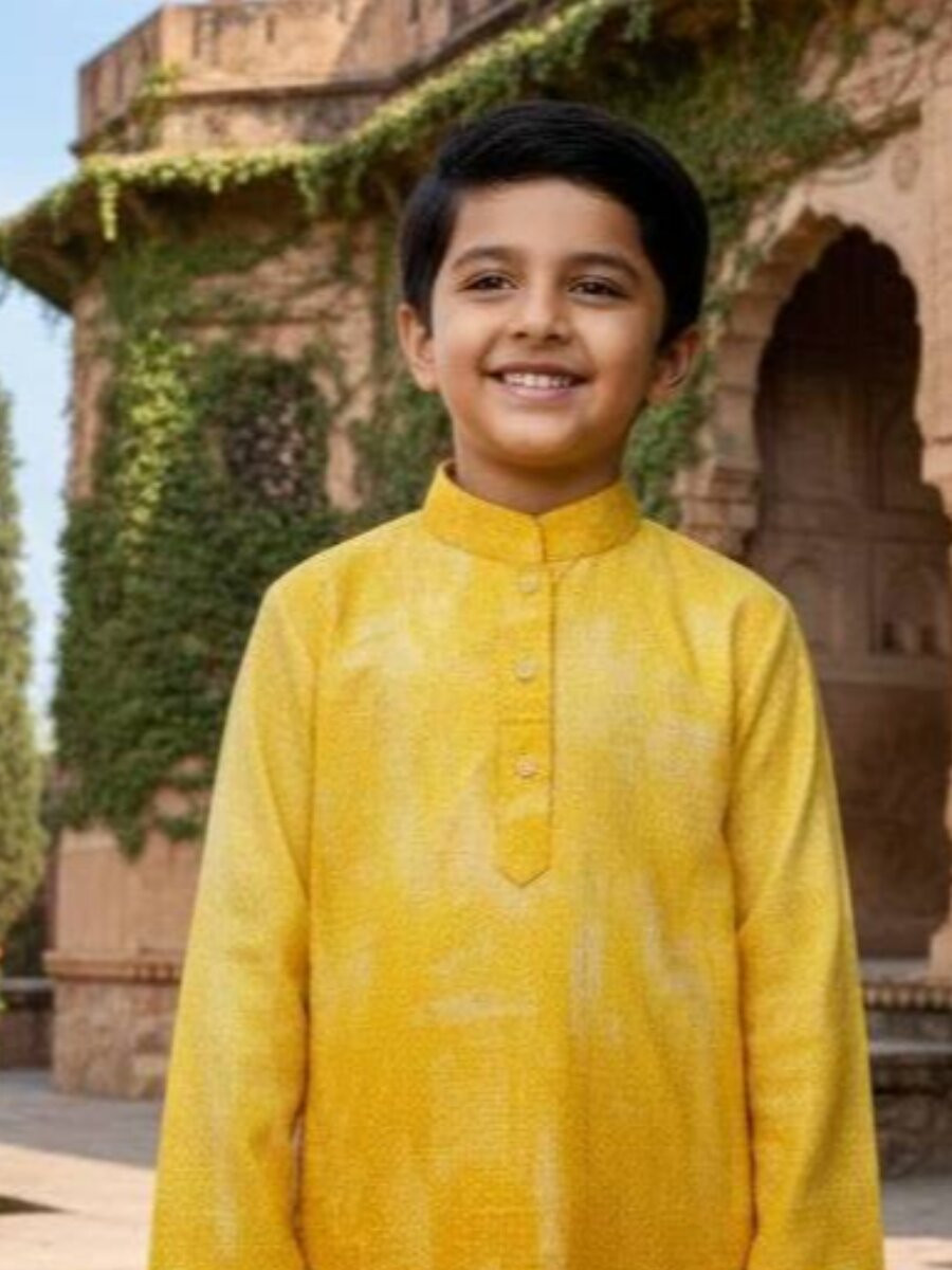 Yellow Pure Cotton Printed Ethnic Festival Party Casual Kurta Pyjama Boys Wear