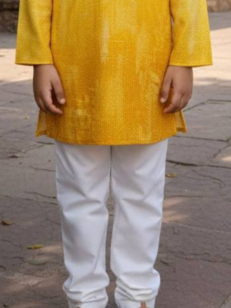 Yellow Pure Cotton Printed Ethnic Festival Party Casual Kurta Pyjama Boys Wear