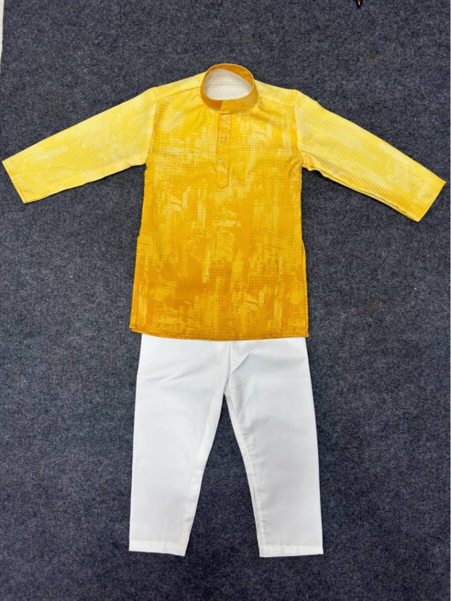 Yellow Pure Cotton Printed Ethnic Festival Party Casual Kurta Pyjama Boys Wear
