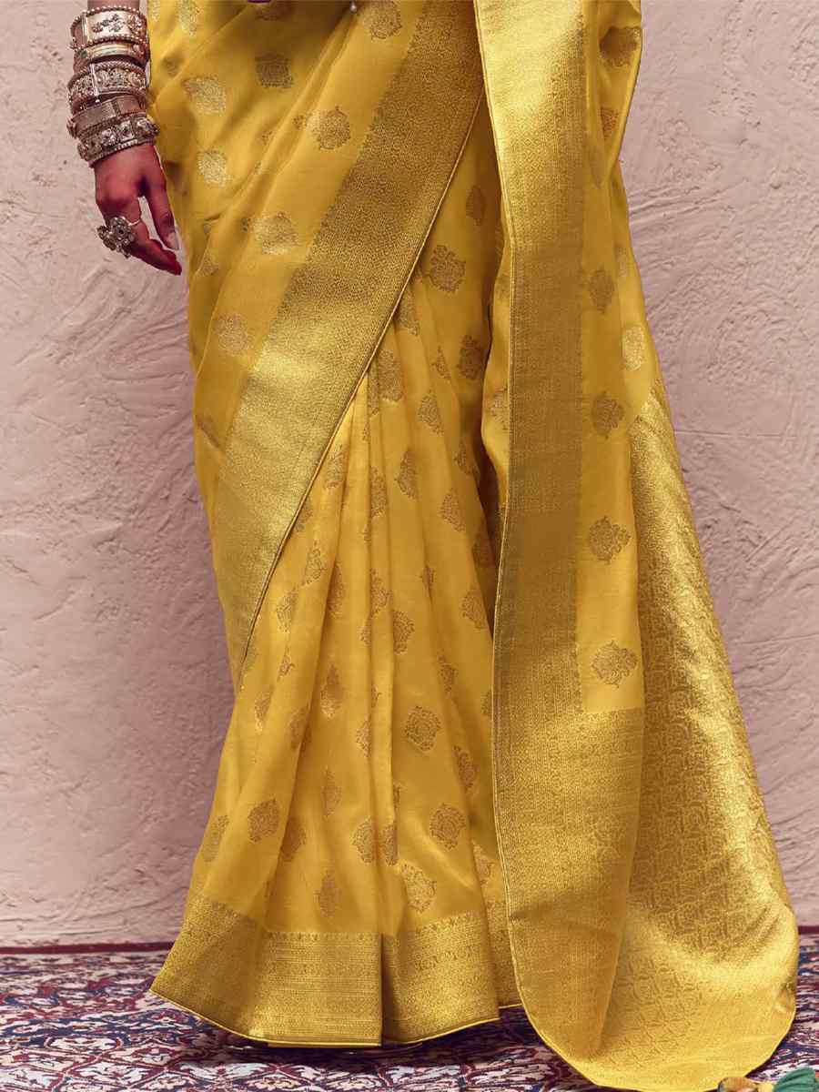 Yellow Pure Crepe Dola Silk Handwoven Wedding Festival Heavy Border Saree
