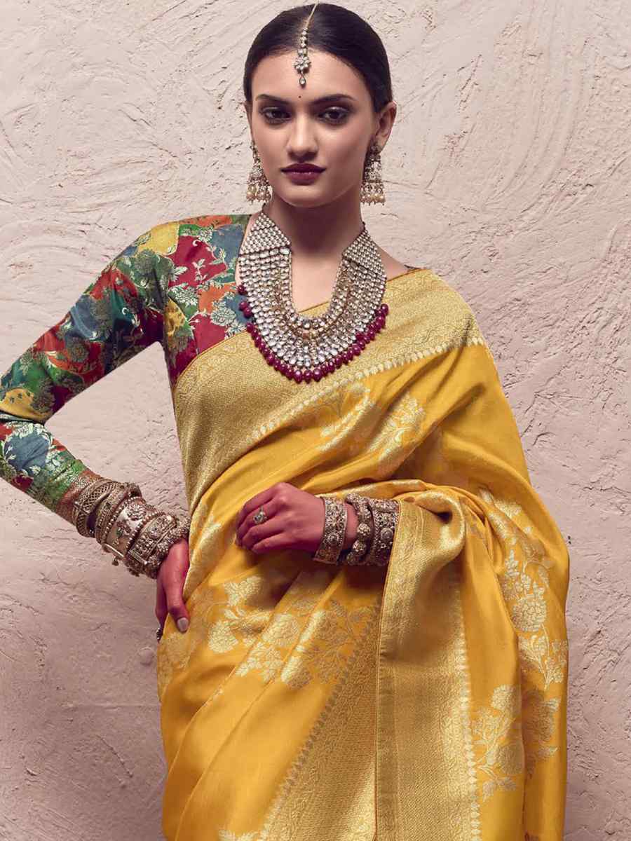 Yellow Pure Crepe Dola Silk Handwoven Wedding Festival Heavy Border Saree