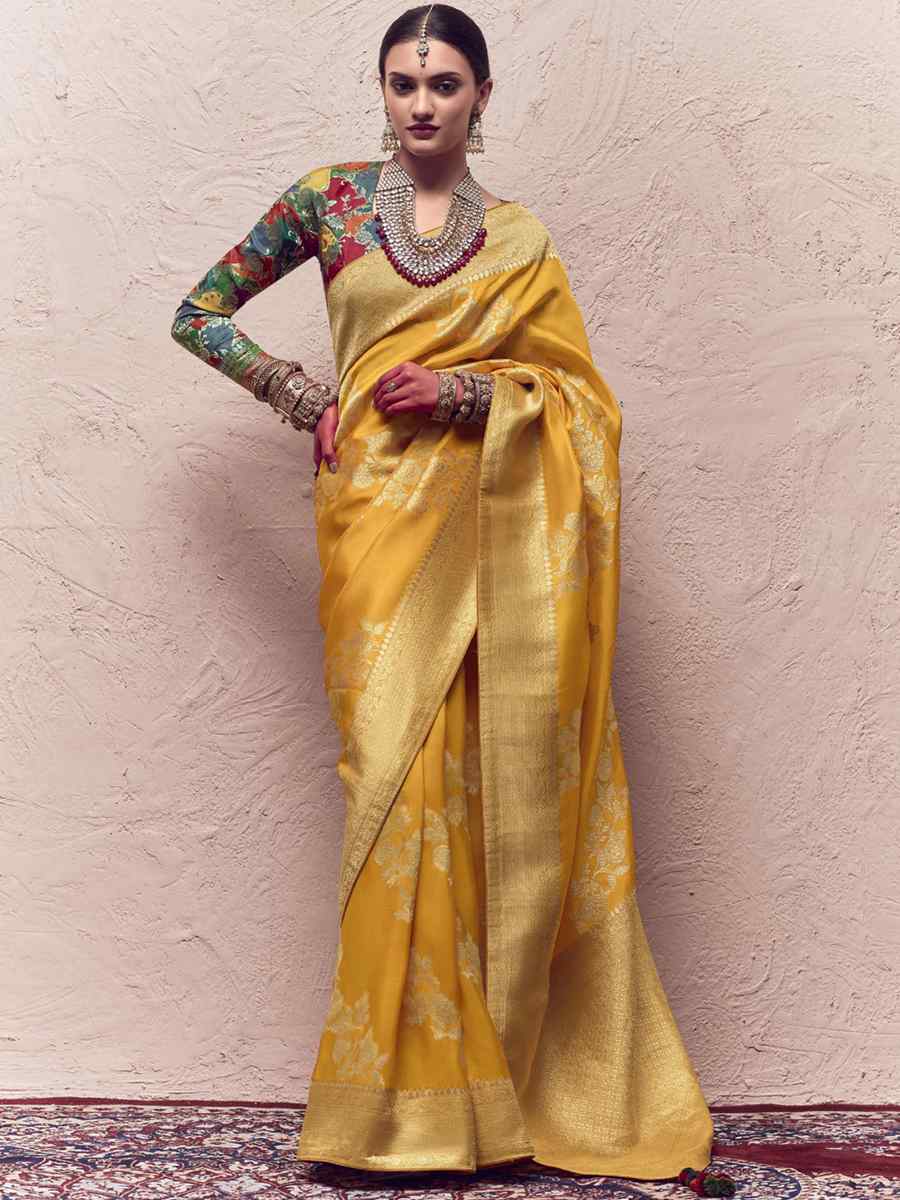Yellow Pure Crepe Dola Silk Handwoven Wedding Festival Heavy Border Saree