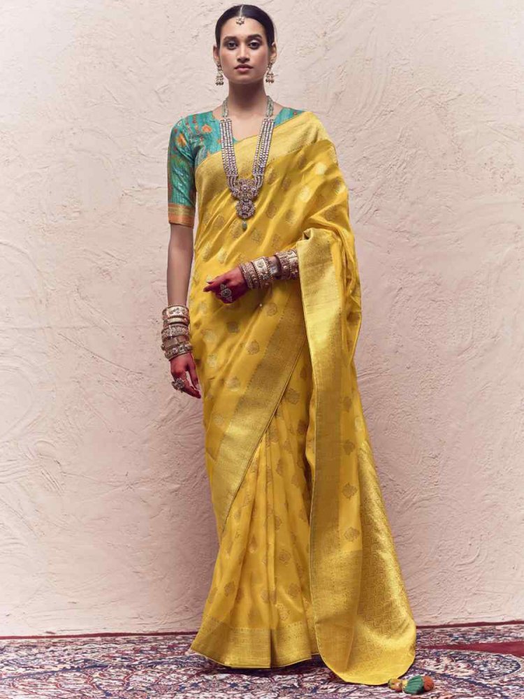 Yellow Pure Crepe Dola Silk Handwoven Wedding Festival Heavy Border Saree