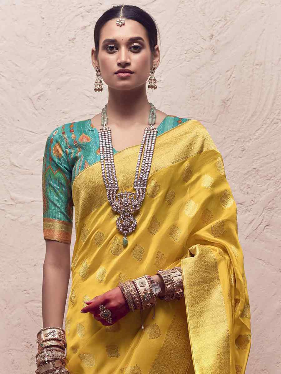 Yellow Pure Crepe Dola Silk Handwoven Wedding Festival Heavy Border Saree