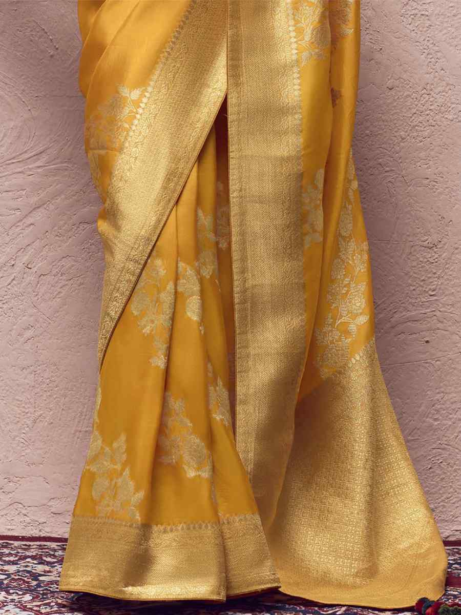 Yellow Pure Crepe Dola Silk Handwoven Wedding Festival Heavy Border Saree