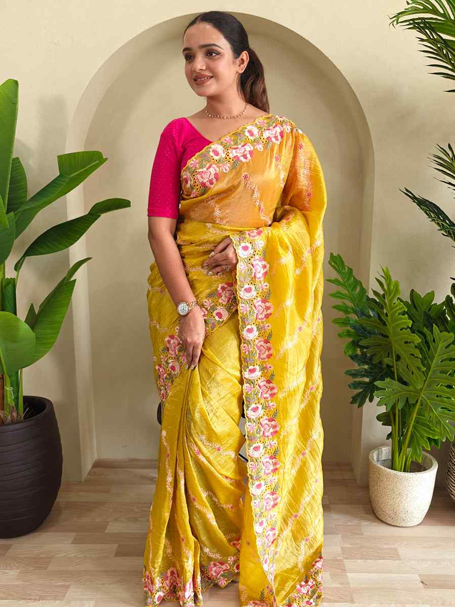 Yellow Pure Crush Silk Embroidered Festival Wedding Fancy Heavy Border Saree