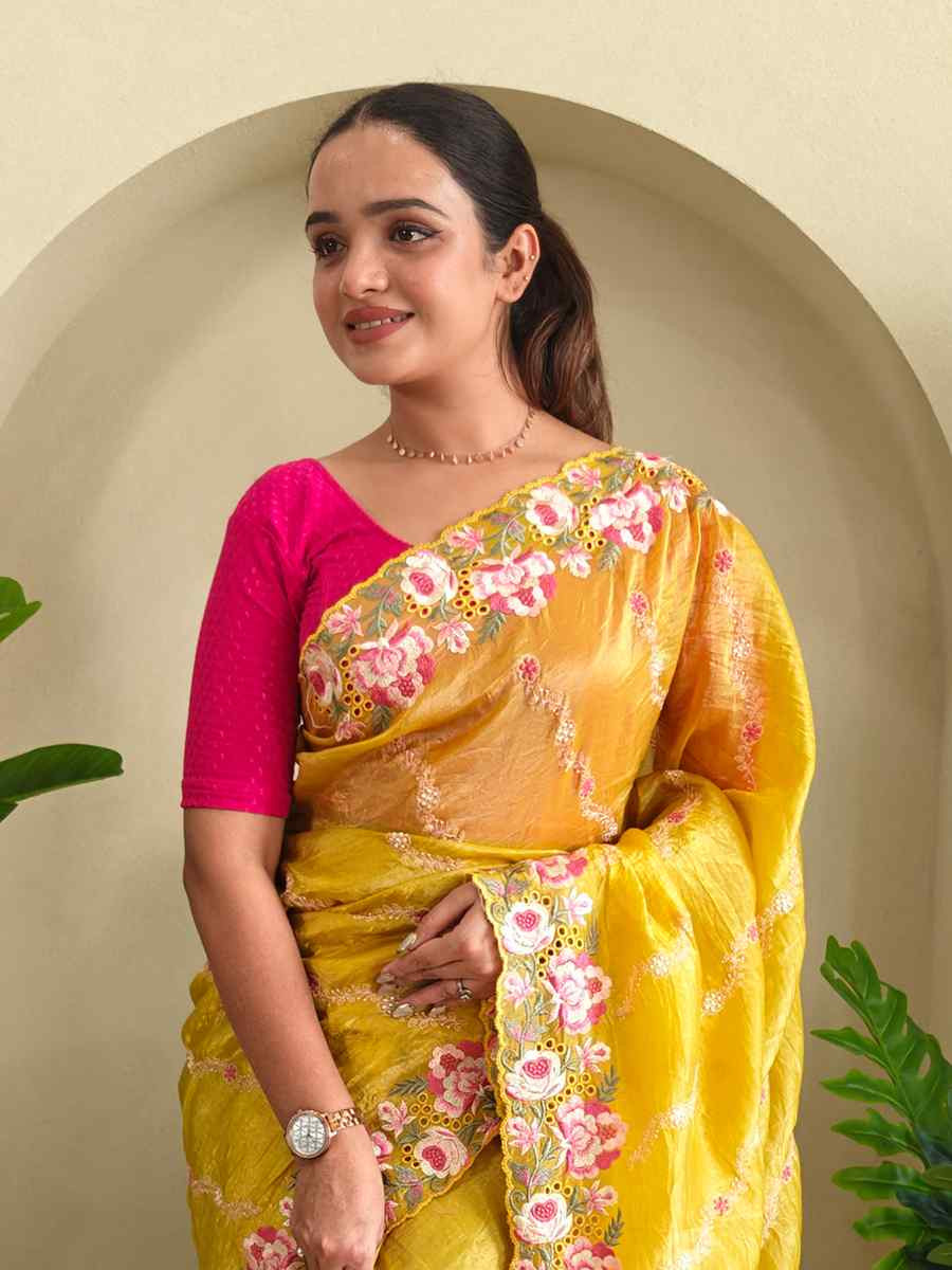 Yellow Pure Crush Silk Embroidered Festival Wedding Fancy Heavy Border Saree