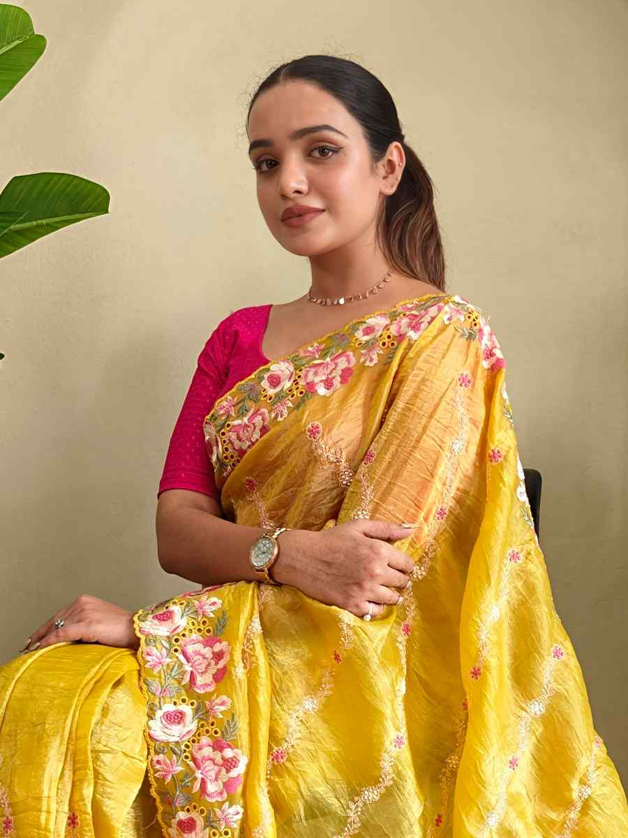 Yellow Pure Crush Silk Embroidered Festival Wedding Fancy Heavy Border Saree