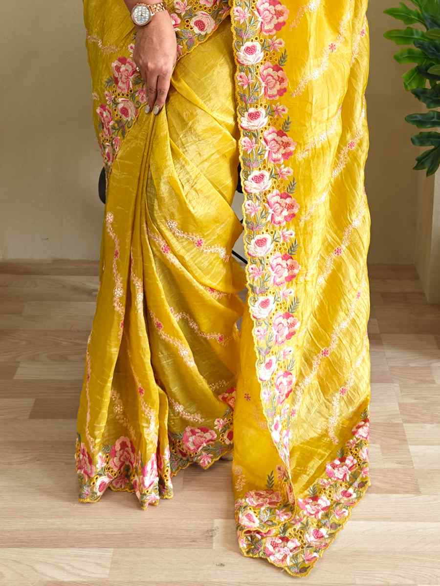 Yellow Pure Crush Silk Embroidered Festival Wedding Fancy Heavy Border Saree