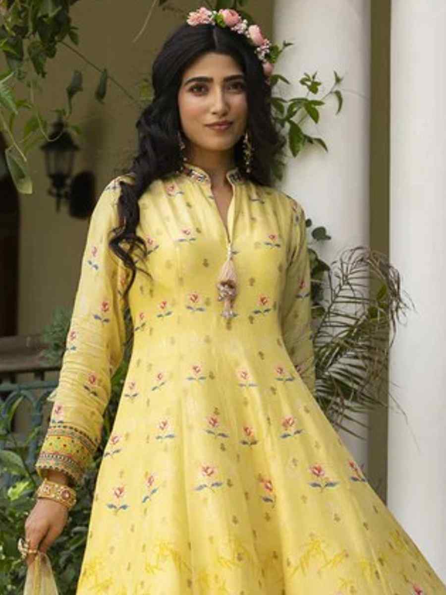Yellow Pure Dola Jacquard Embroidered Festival Party Ready Anarkali Salwar Kameez