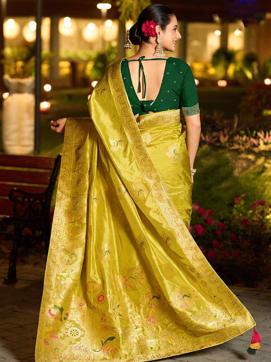 Yellow Pure Dola Silk Handwoven Festival Wedding Fancy Heavy Border Saree