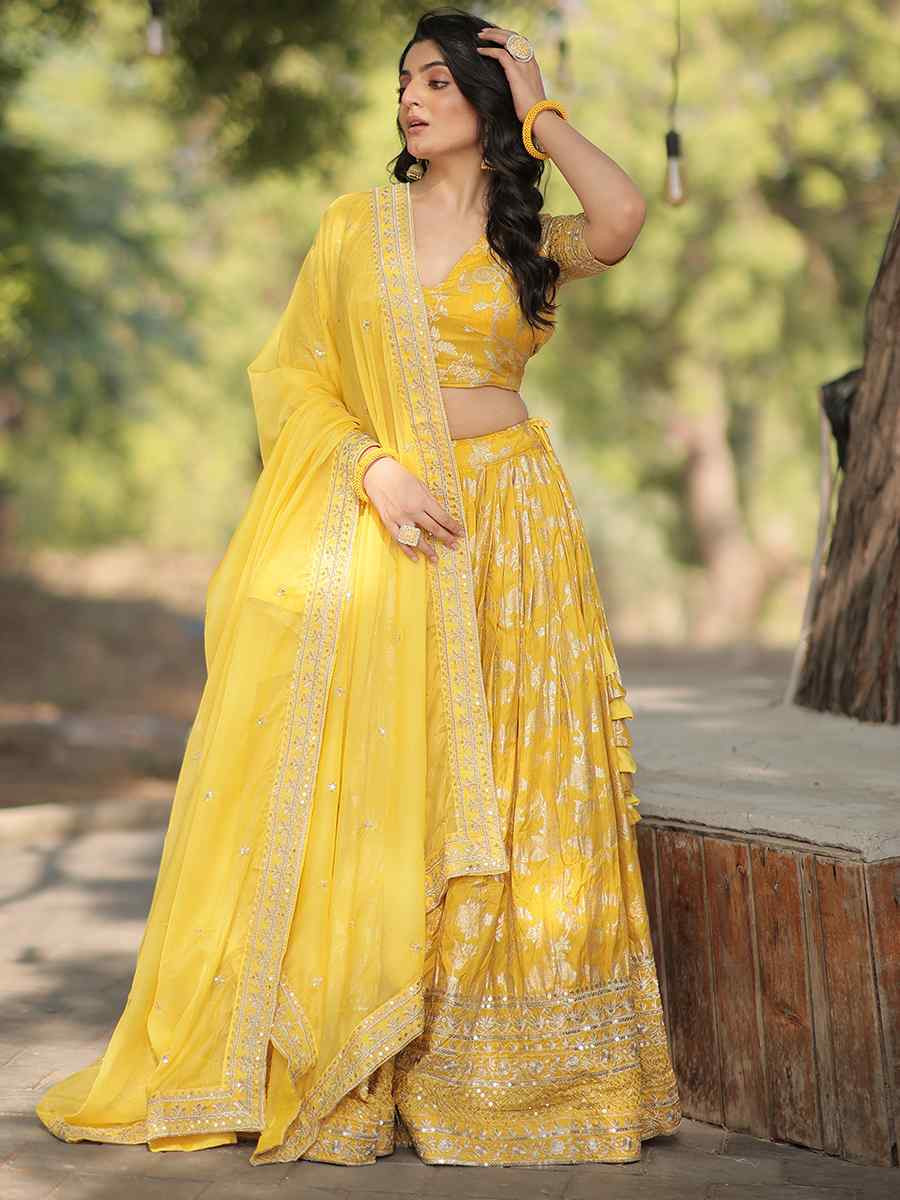 Yellow Pure Dyable Viscose Embroidery Reception Party Wear Heavy Border Lehenga Choli