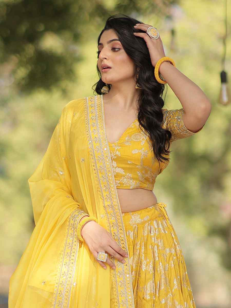 Yellow Pure Dyable Viscose Embroidery Reception Party Wear Heavy Border Lehenga Choli