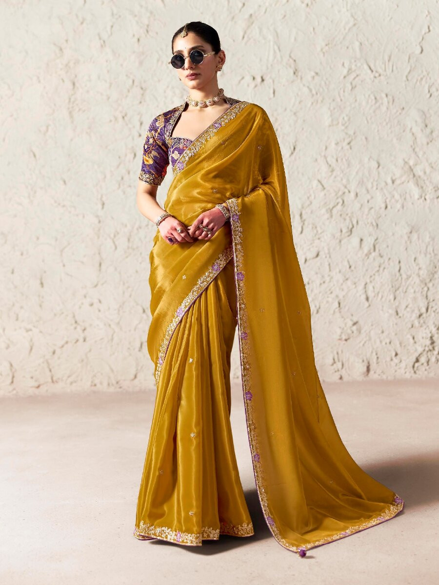 Yellow Pure Fancy Tissue Silk Zari Sequins Wedding Reception Party Festival Heavy Border Sarees