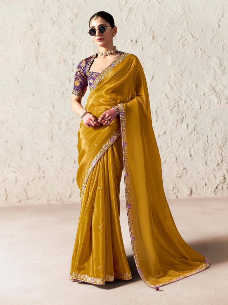 Image of Yellow Pure Fancy Tissue Silk Zari Sequins Wedding Reception Party Festival Heavy Border Sarees